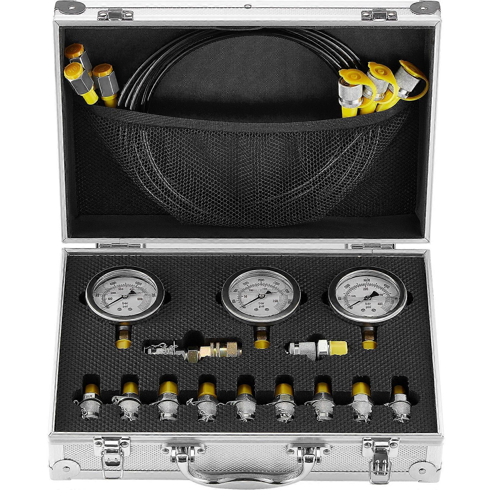 Testsats för hydrauliskt tryck, 250/400/600 bar, 3 mätare 11 testkopplingar 3 testslangar, hydraulisk testmätarsats för grävmaskin