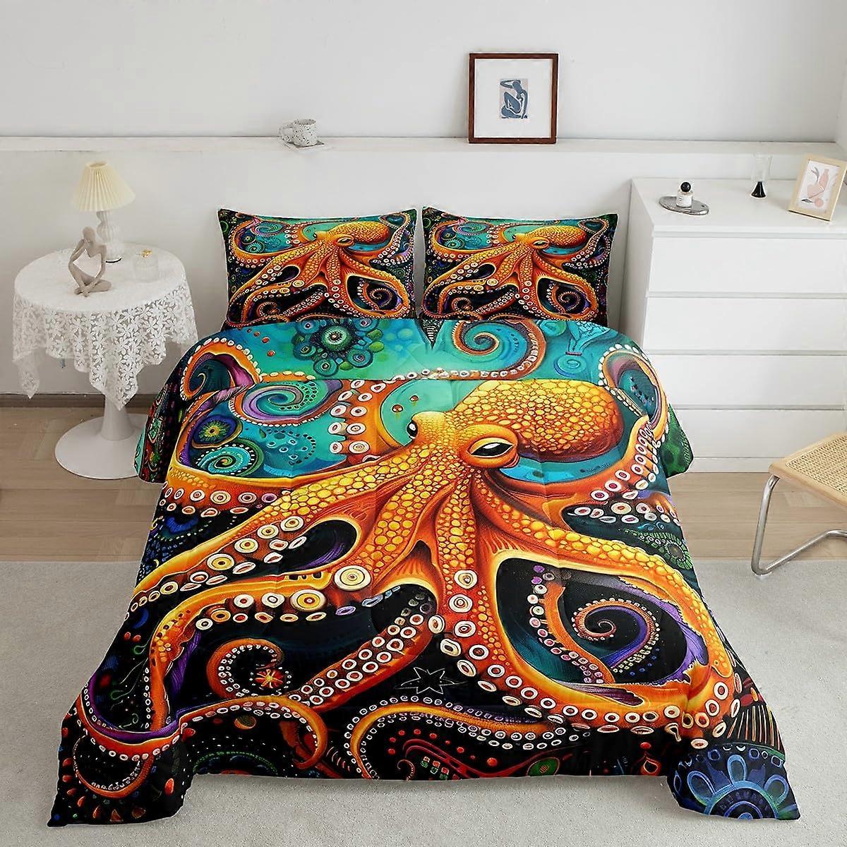 Full Size 3D Octopus Bedding Set with Comforter and Pillowcases, Ocean Theme Psychedelic Quilt