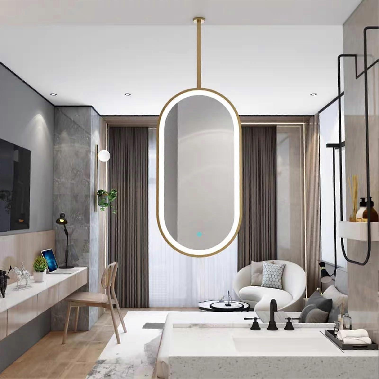LED Bathroom Mirror Gold Oval CeilingMounted Single Rod with Light and ThreeTone Touch Control