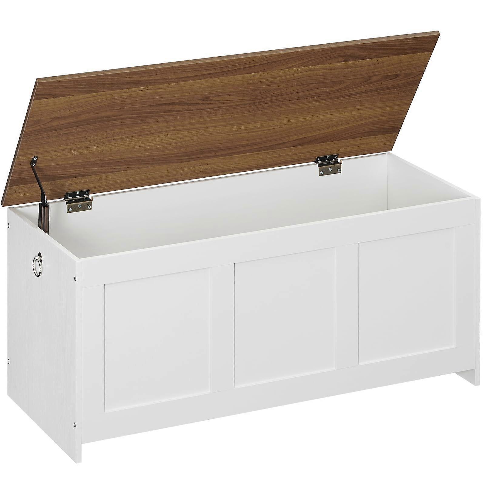 White and Walnut Storage Bench with Lift Wooden Chest, Large Capacity Retro Trunk 39.3'