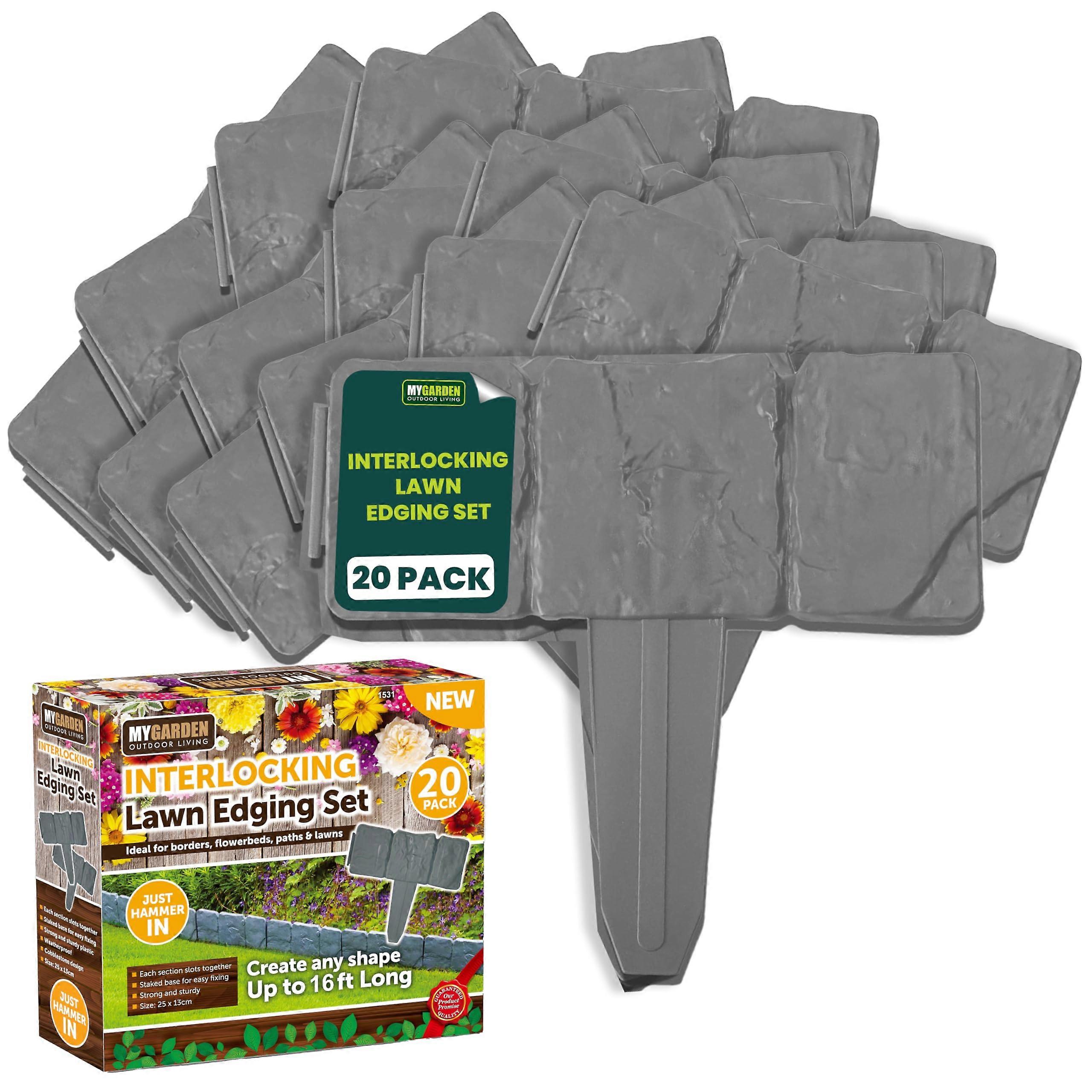 Garden Edging 20 Pack Cobbled Stone Effect Lawn Border Interlocking Easy Fit for Flowerbeds and Pathways