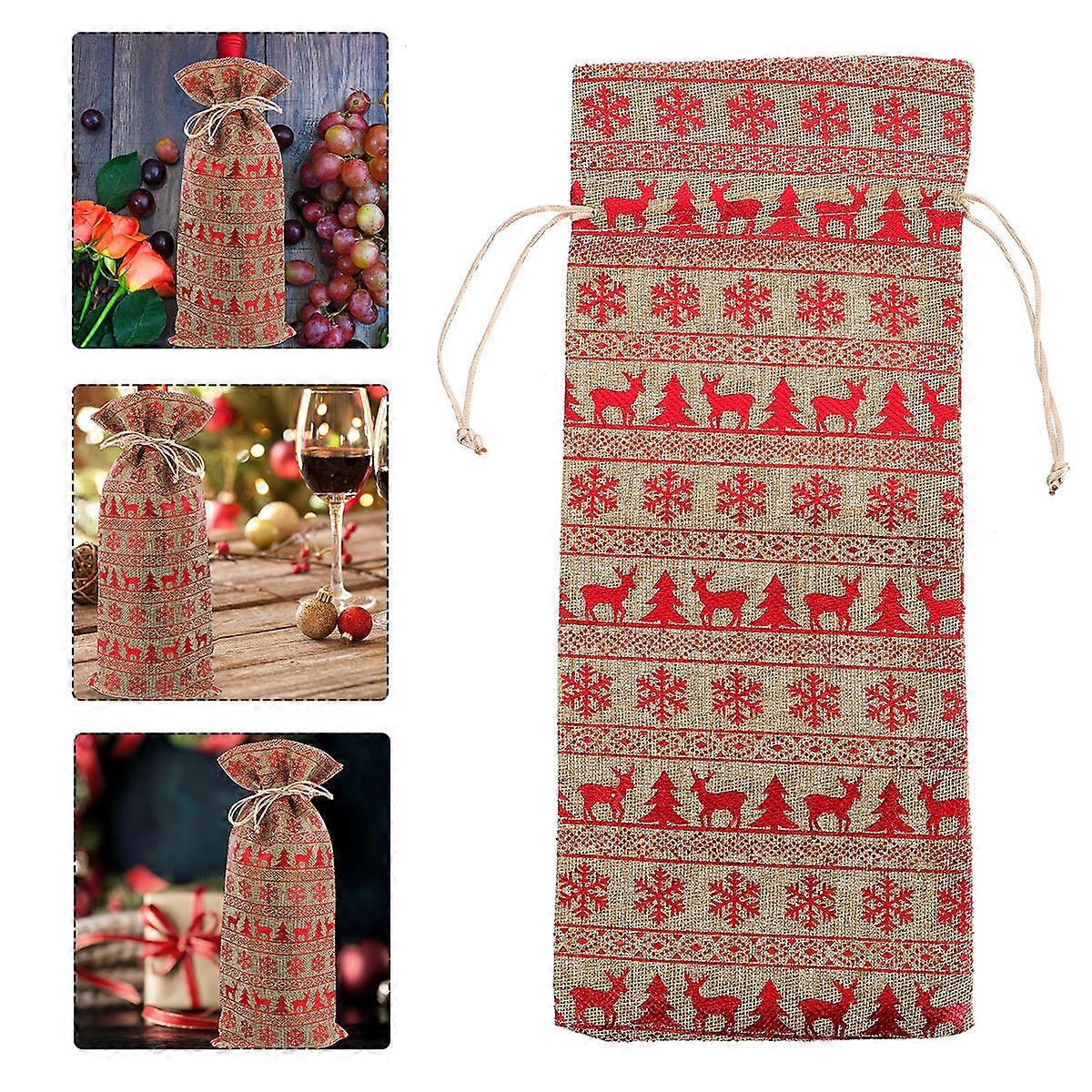 Elk Printed Bottle Bag for Storage Use 2Pcs Red Xmas Drawstring Pouch