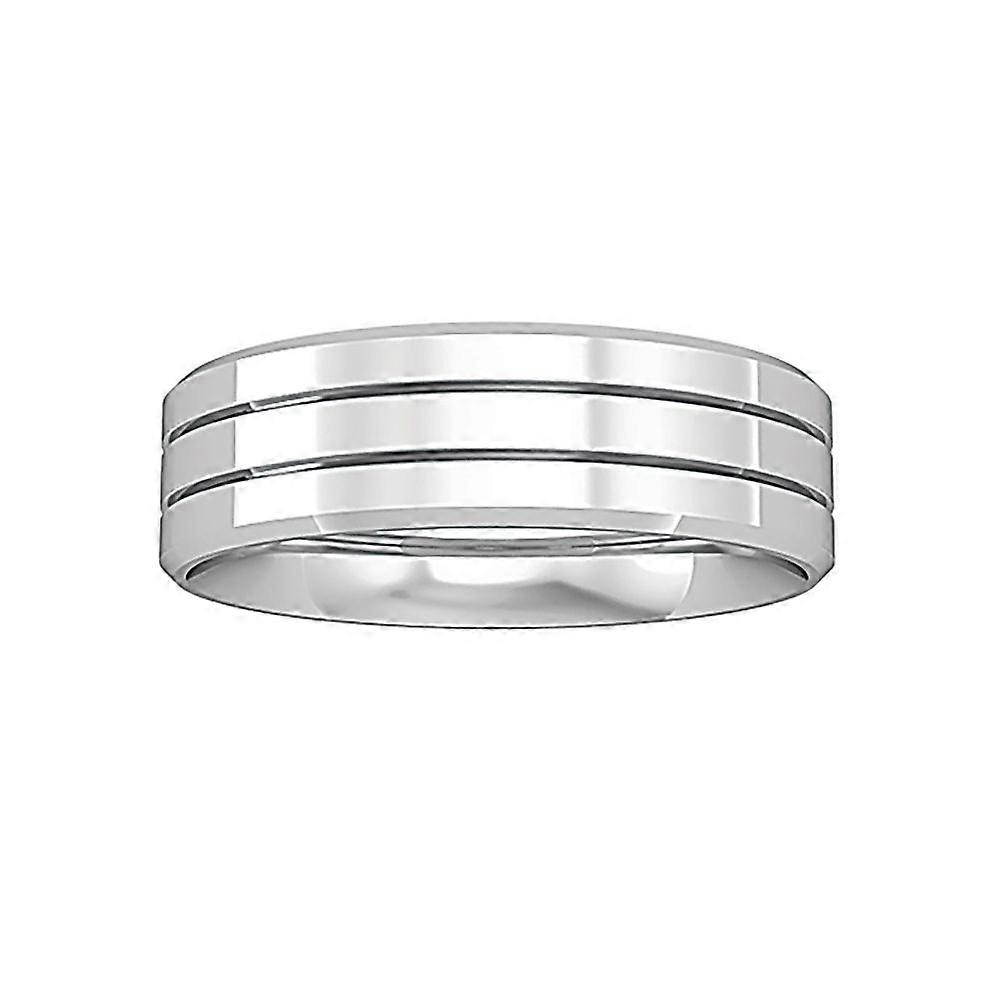 Jewelco London 18K 白金平地双槽斜面戒指结婚戒指 6 毫米