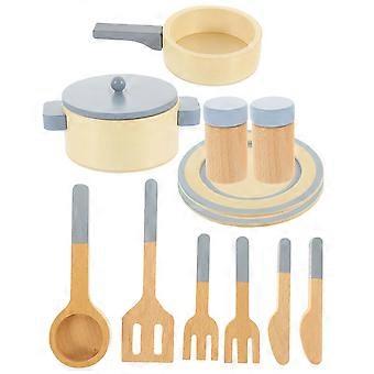 Conjunto de utensílios de cozinha infantil para brincadeiras divertidas, com 1 conjunto de panelas de madeira para fazer de conta.