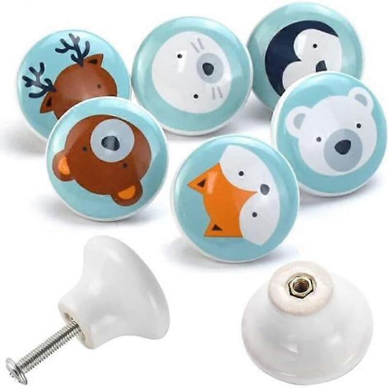 6 ceramic cabinet knobs, ceramic cabinet knobs with screws, cartoon animal pattern furniture handle knobs