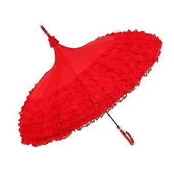 Red Lace Automatic Open Golf Umbrella Windproof Waterproof Stick Umbrella with J Handle for Wedding Party Adults