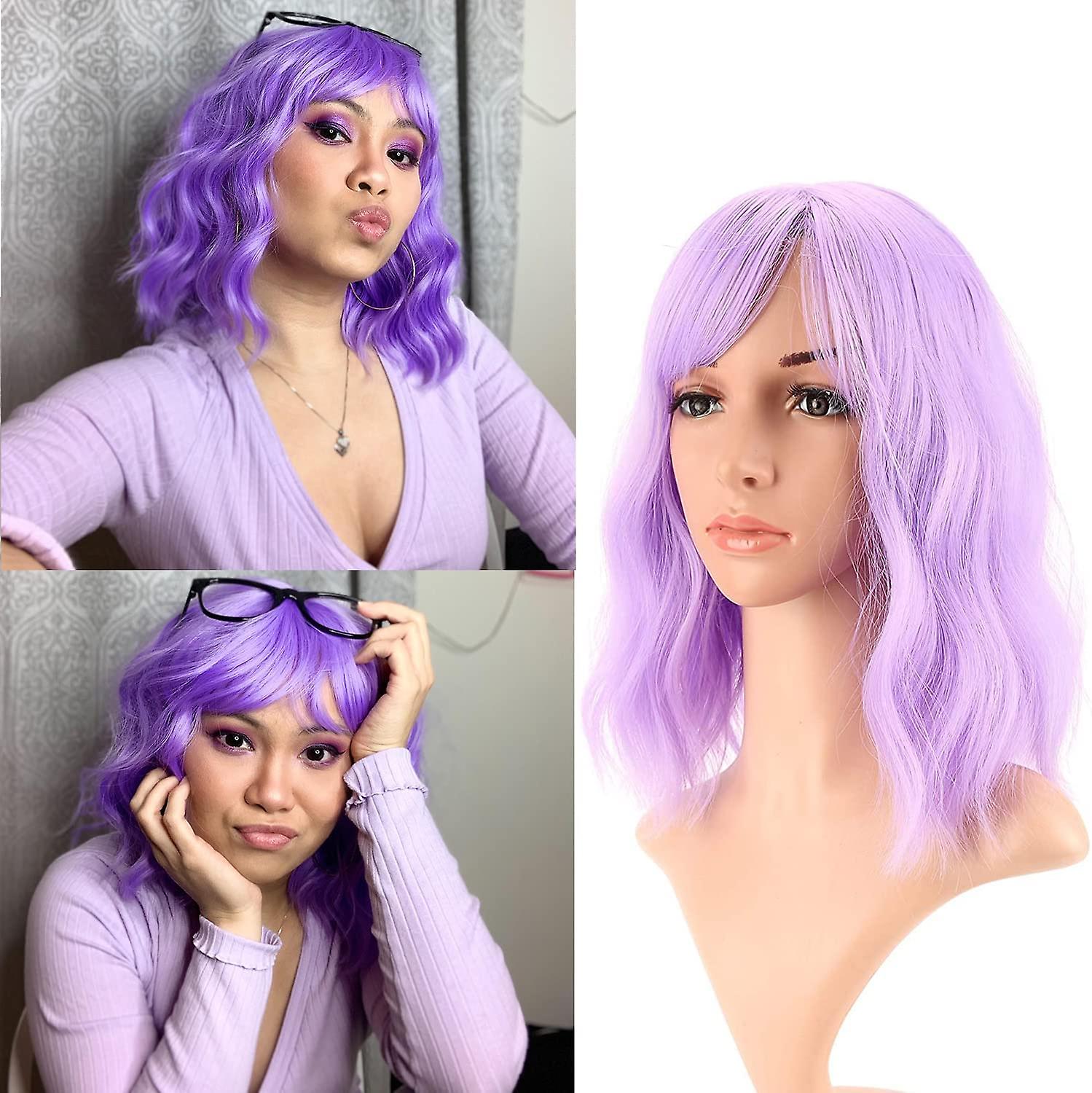 Natural Wavy Wig With Air Bangs Short Bob Wigs Women's Shoulder Length(12'' Purple)
