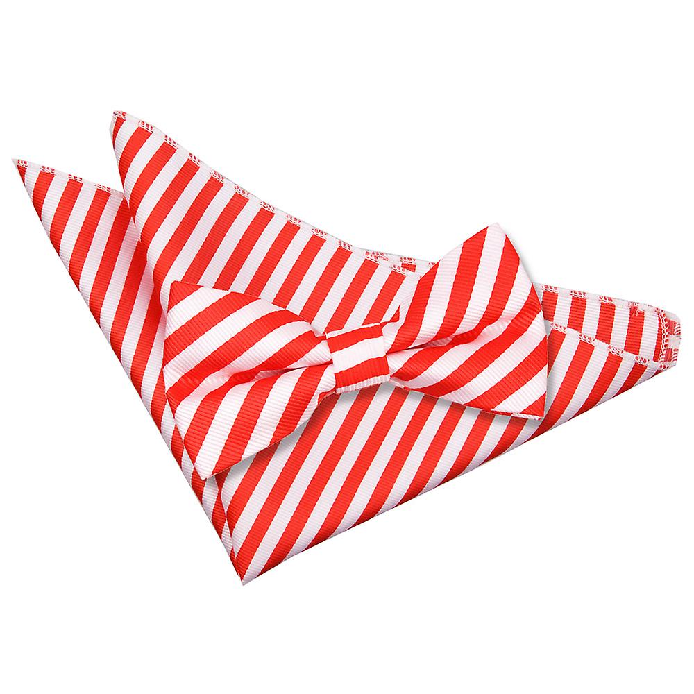White and Red Thin Stripe Bow Tie and Pocket Square Set