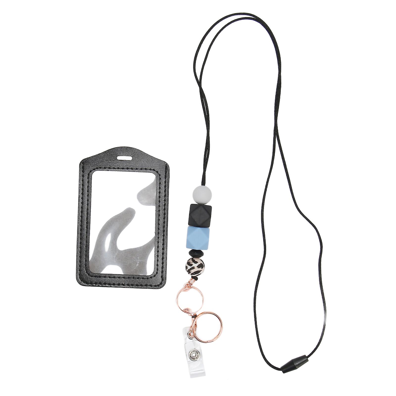 Silicone Retractable Beaded Lanyard with Transparent ID Holder Multi Purpose Badge Holder for Students Office Worker