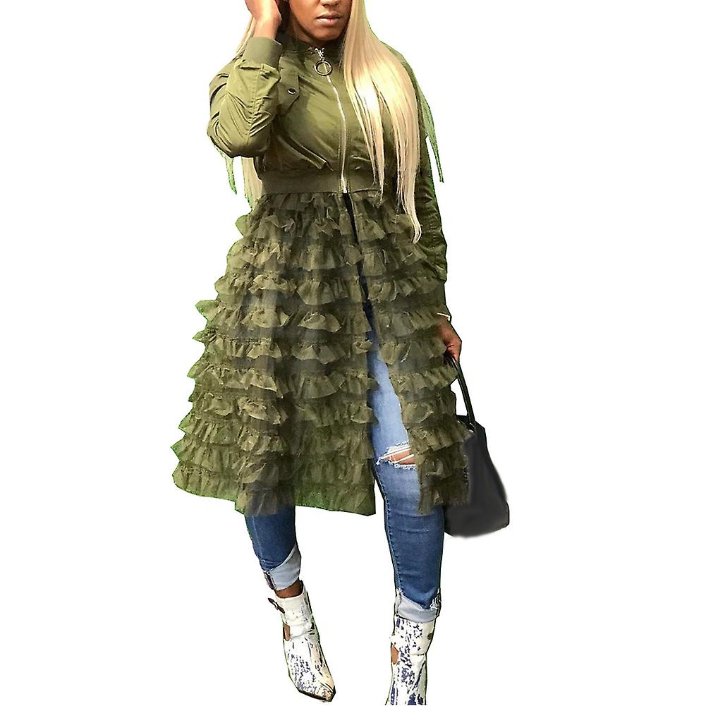 Fianao Fashion Women Autumn Long Sleeve Zipper Jacket Lacework Mesh Midi Dress Coat