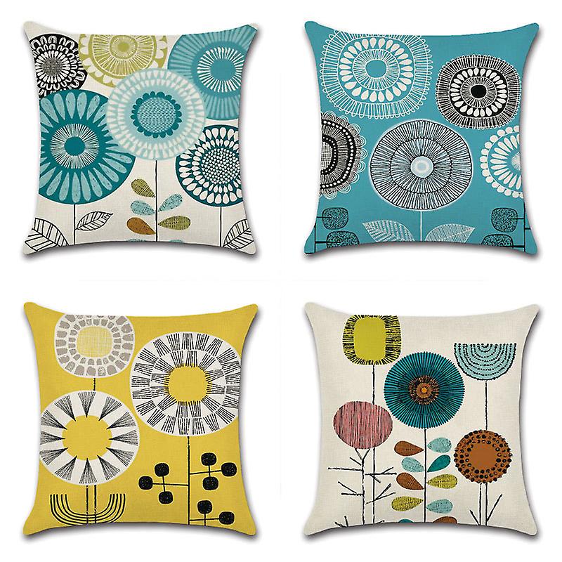 Un ensemble de 4 jolies housses de coussin en motif fleuri géométrique Housses de coussin décoratives pour canapé salon jardin, 45x45cm