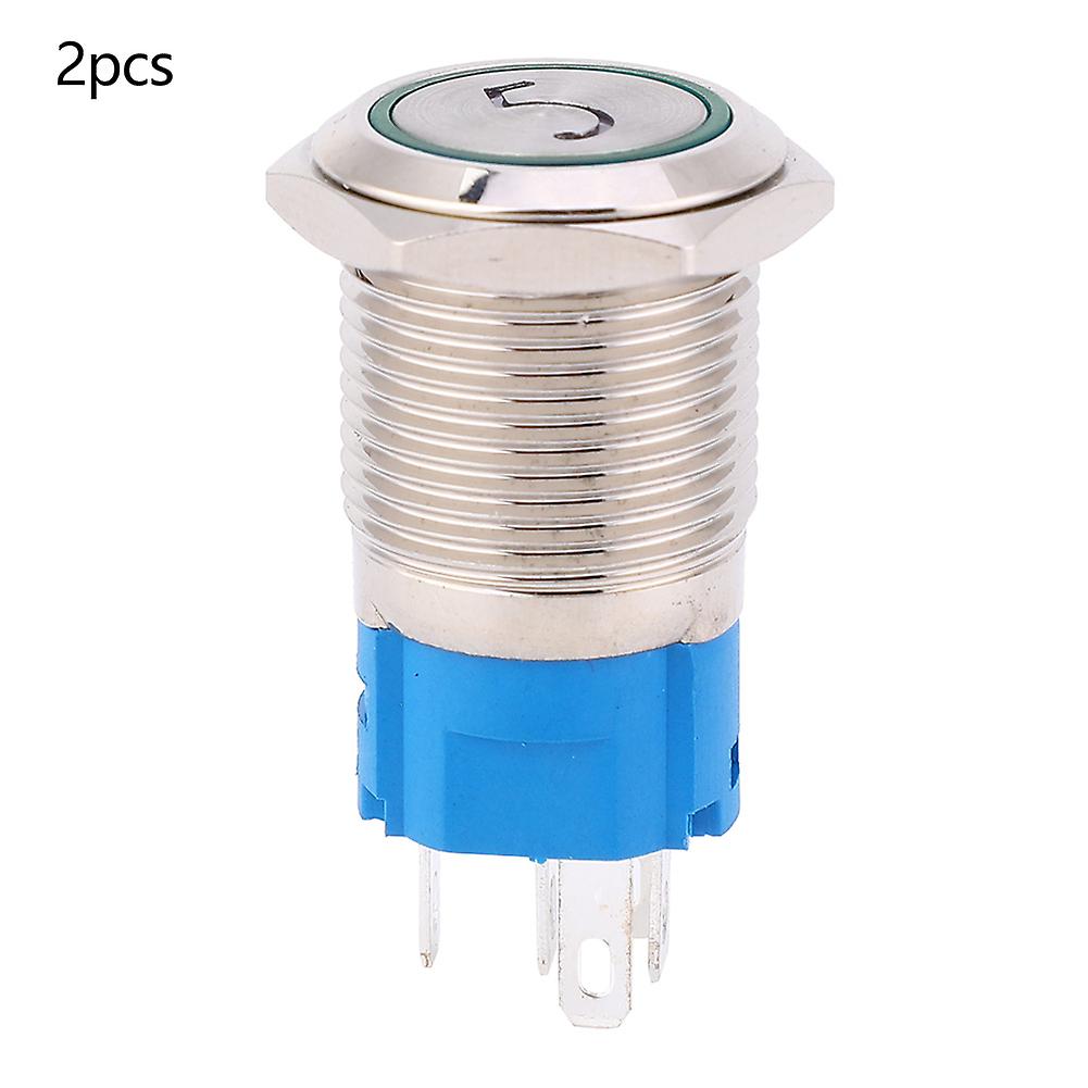 2Pcs 16mm Green LED Push Button Switch, Stainless Steel, Flat Head, Number 5, IP65, 3-6VDC