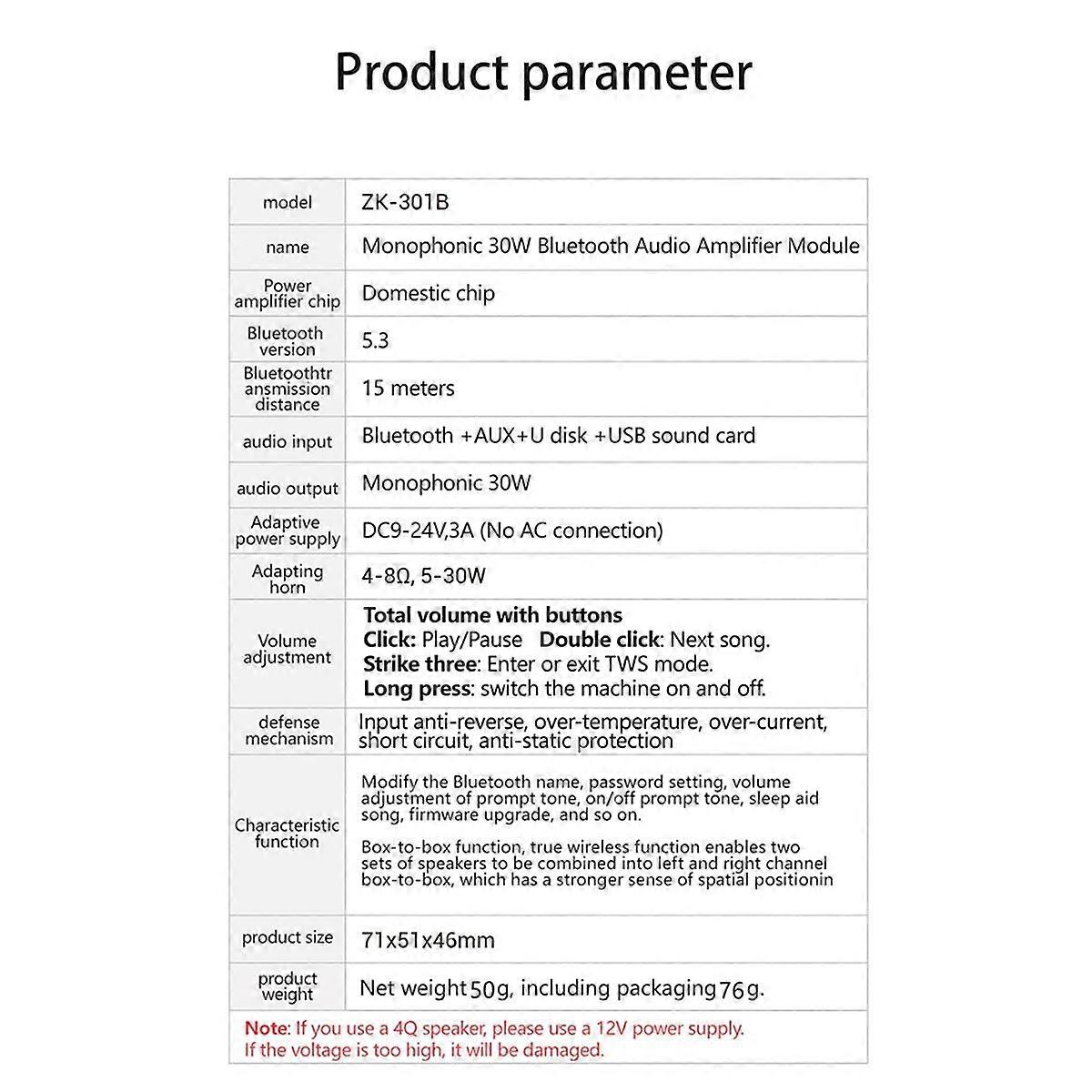 ZK301B Mono 30W BT5.3 Digital Audio Amplifier Module Supports True Wireless TWS with APP DIY Simple Mono Amplifier Board