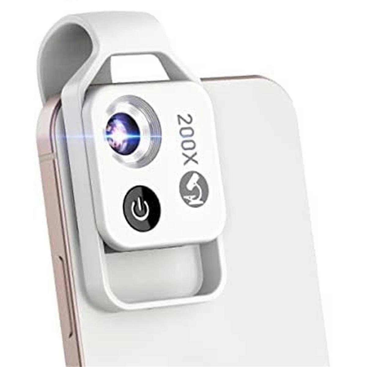 200X Phone Mini Pocket Microscope with LED Light/Universal Clip, Portable Digital Microscope Camera (White, with CPL)