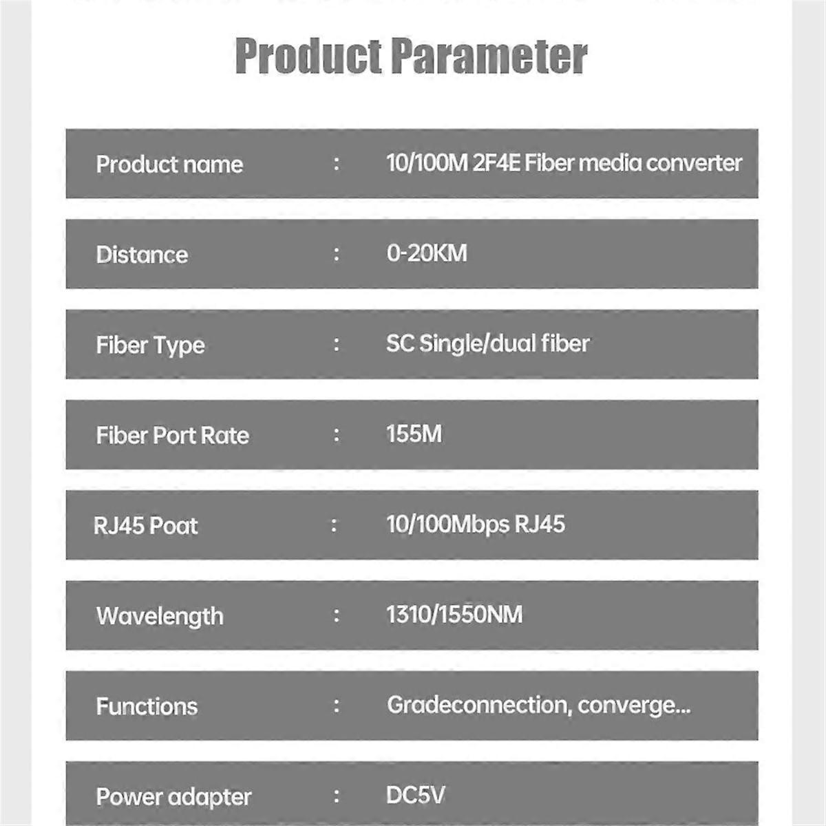 10/100M 2 Fiber Ports 4 RJ45 Port Fiber Media Converter 1310nm/1550nm Single Mode Simplex 20km SC EU PLUG
