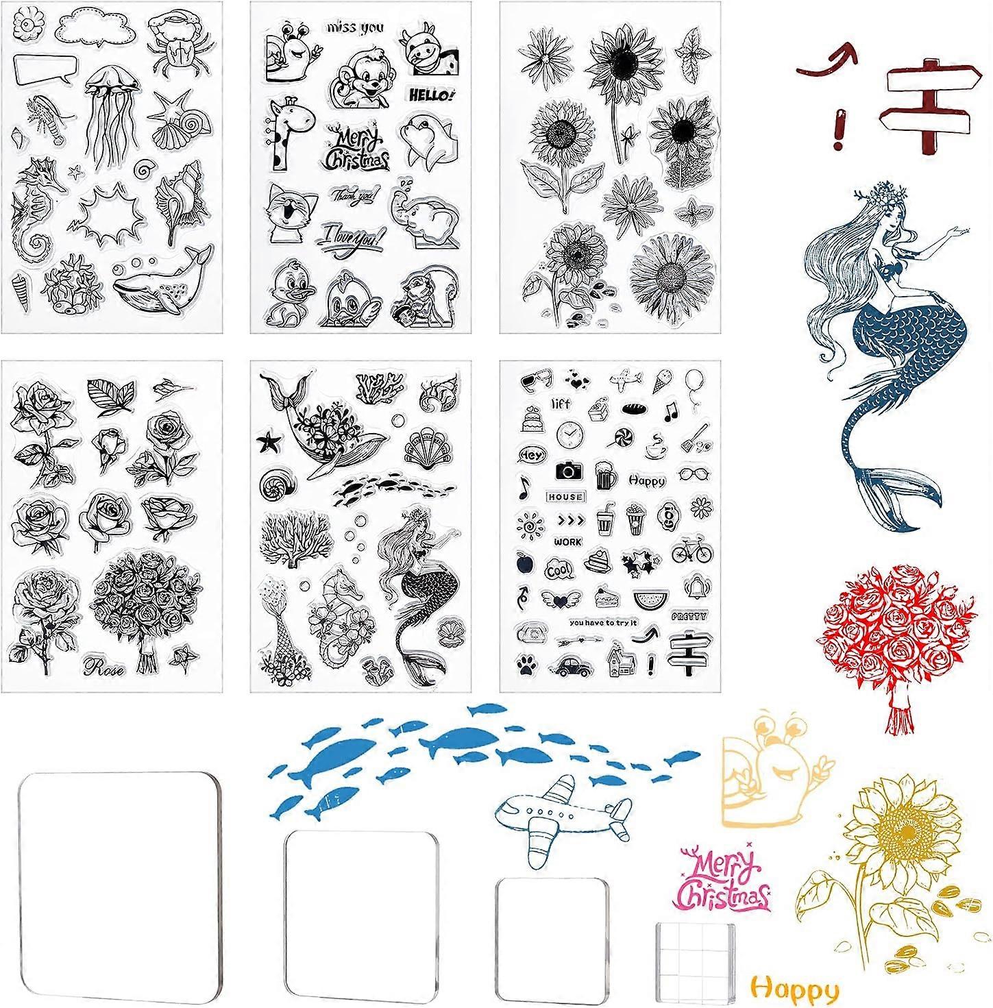 6 Pieces Clear Stamps Transparent Silicone Stamps Set and 4 Pieces Acrylic Stamp Blocks with Grid Lines for Card Making Decor DIY Scrapbooking