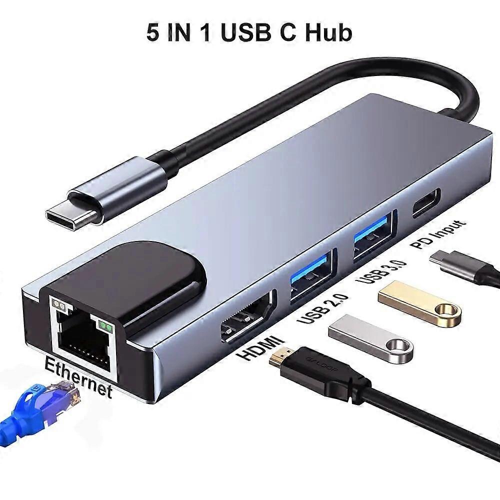 5 in 1 USB C Hub Type C To 4K HD Adapter with RJ45 Network 100M Ethernet Lan Charger Port Adapter For Macbook Pro