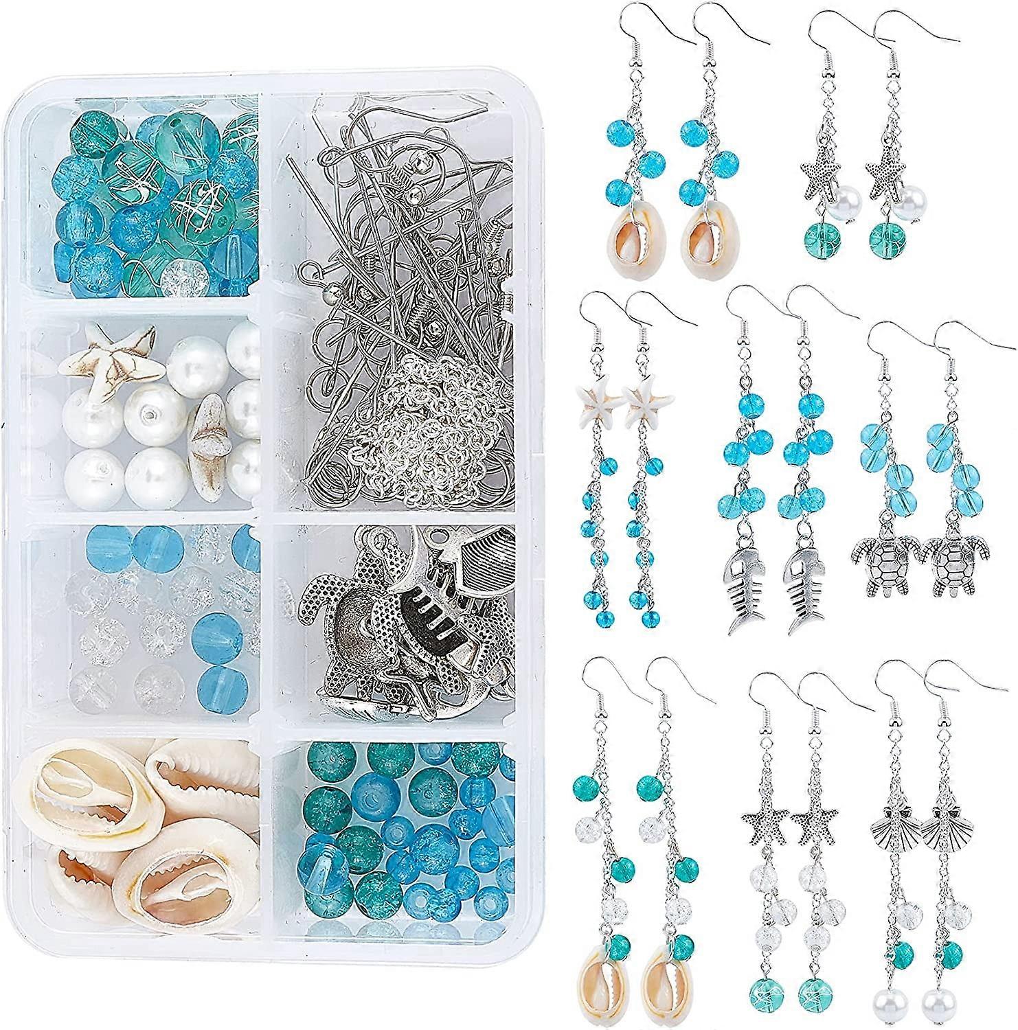 1 Box DIY 8 Pairs Ocean Theme Earring Making Kits Starfish Shell Sea Turtle Charms Pendants Cowrie Shell & Glass & Synthetical Turquoise Beads for Han