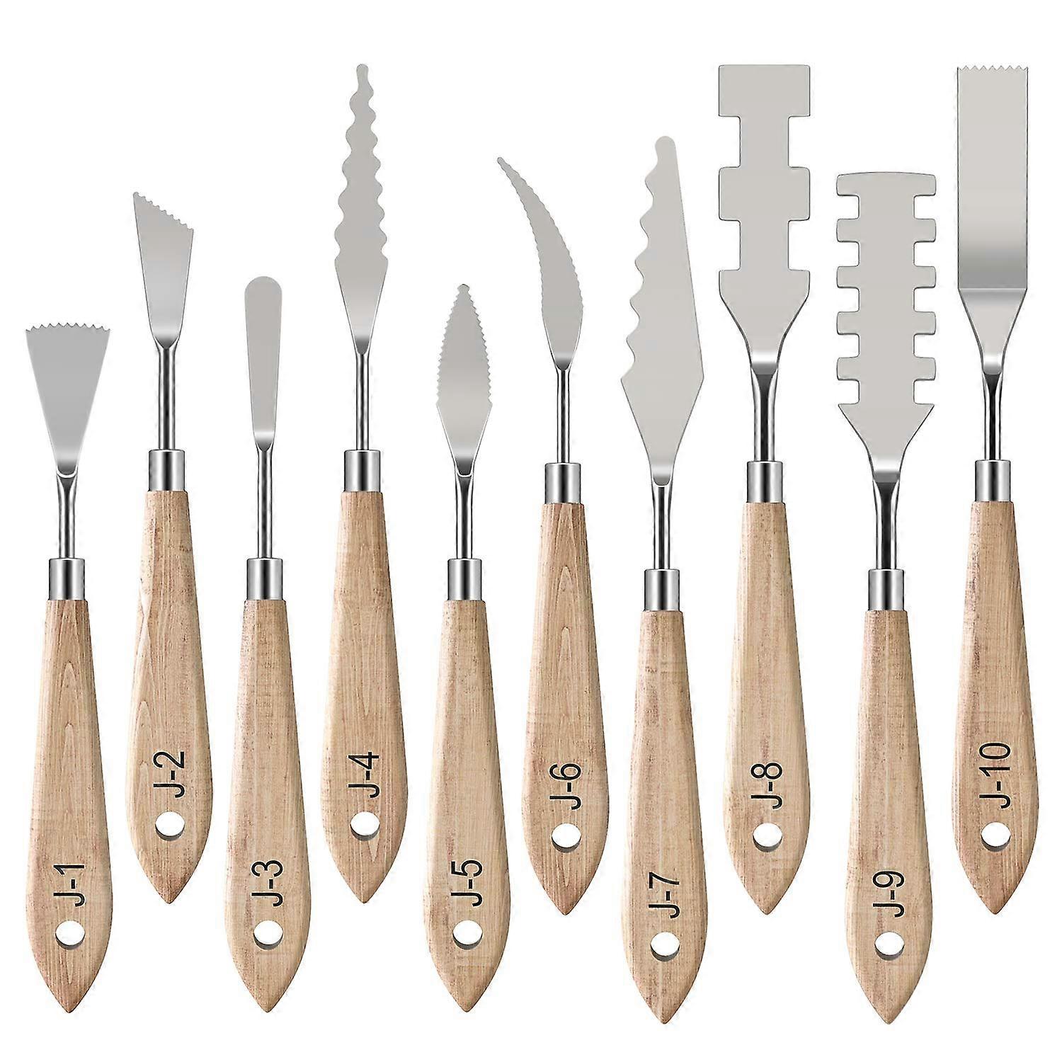 Ensemble de 10 couteaux à palette en acier inoxydable, outils d’art minces et flexibles avec manche en bois pour la peinture à l’huile