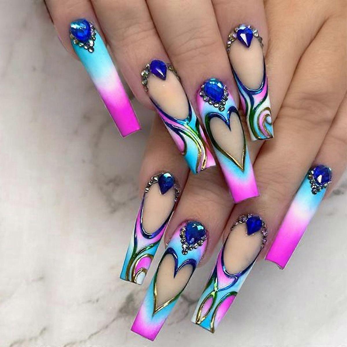 Pink Gradient Press On Nails Blue Rhinestone Designs