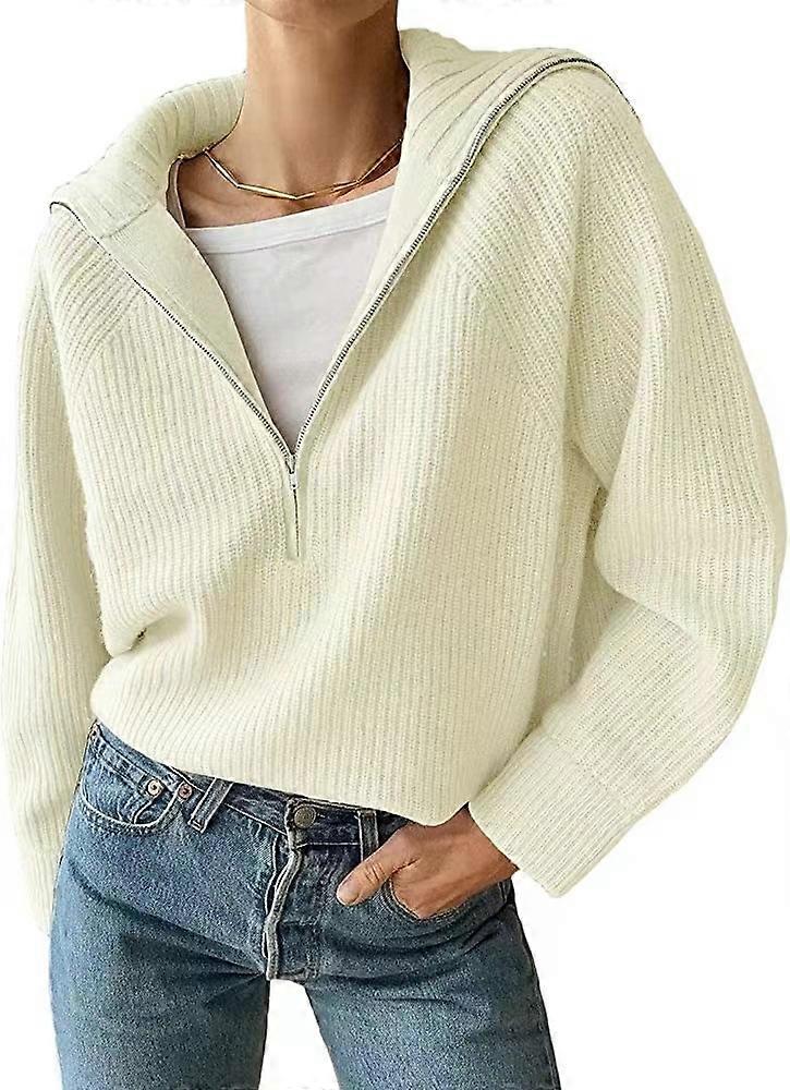 Womens Casual Long Sleeve Half Zip Pullover Sweaters Solid V Neck Collar Ribbed Knitted