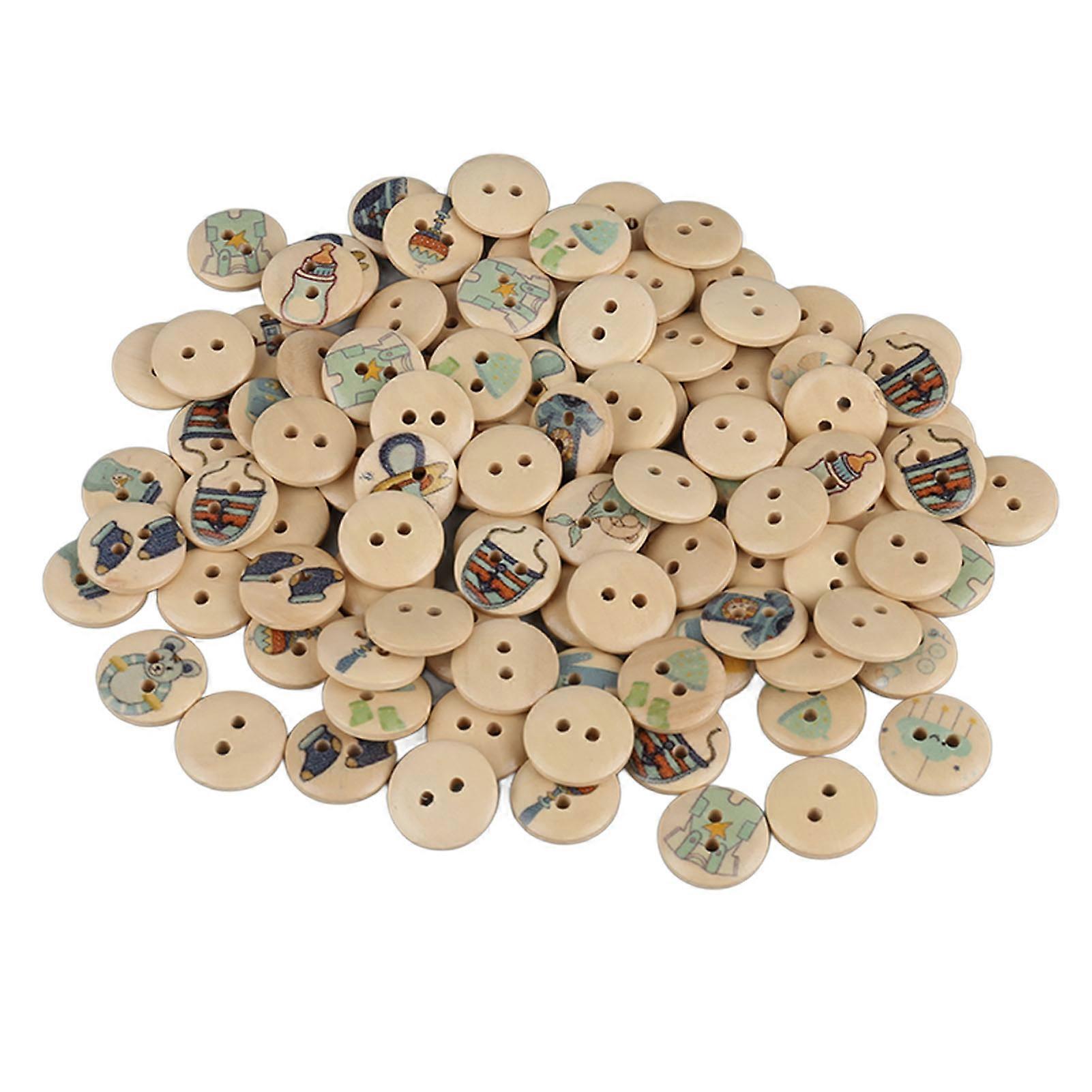 100pcs Mixed Printing Wooden Buttons 2 Holes Round Decorative Wooden Buttons for Sewing Craft Log Color Baby Blue