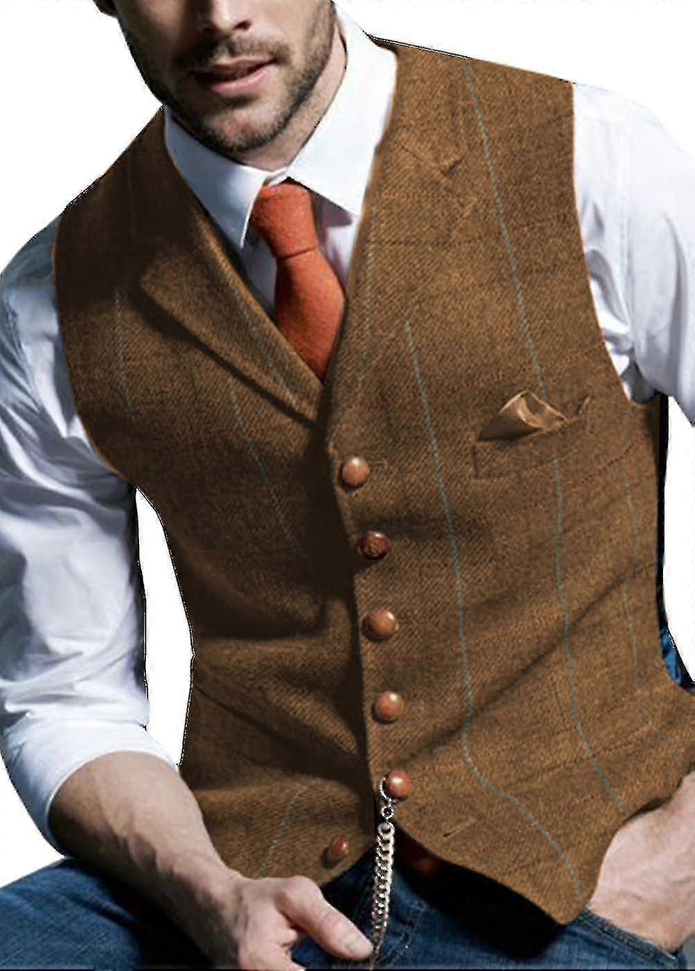 Herren Anzugweste, Kerbierte Wolle Fischgrät, Tweed Weste Casual