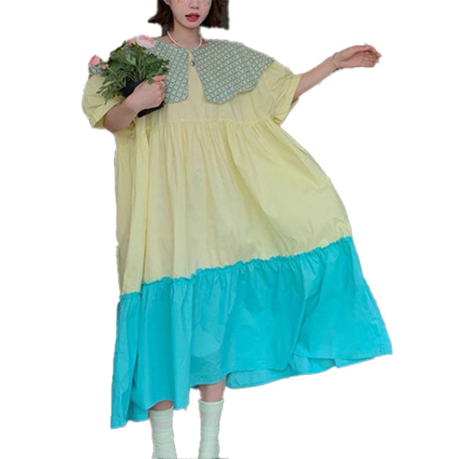 Kvinna Doll Krage Korta ärmar Klänning Överdimensionerad Lös Passform Färgblock Lapptäcke Klänningar för sommaren