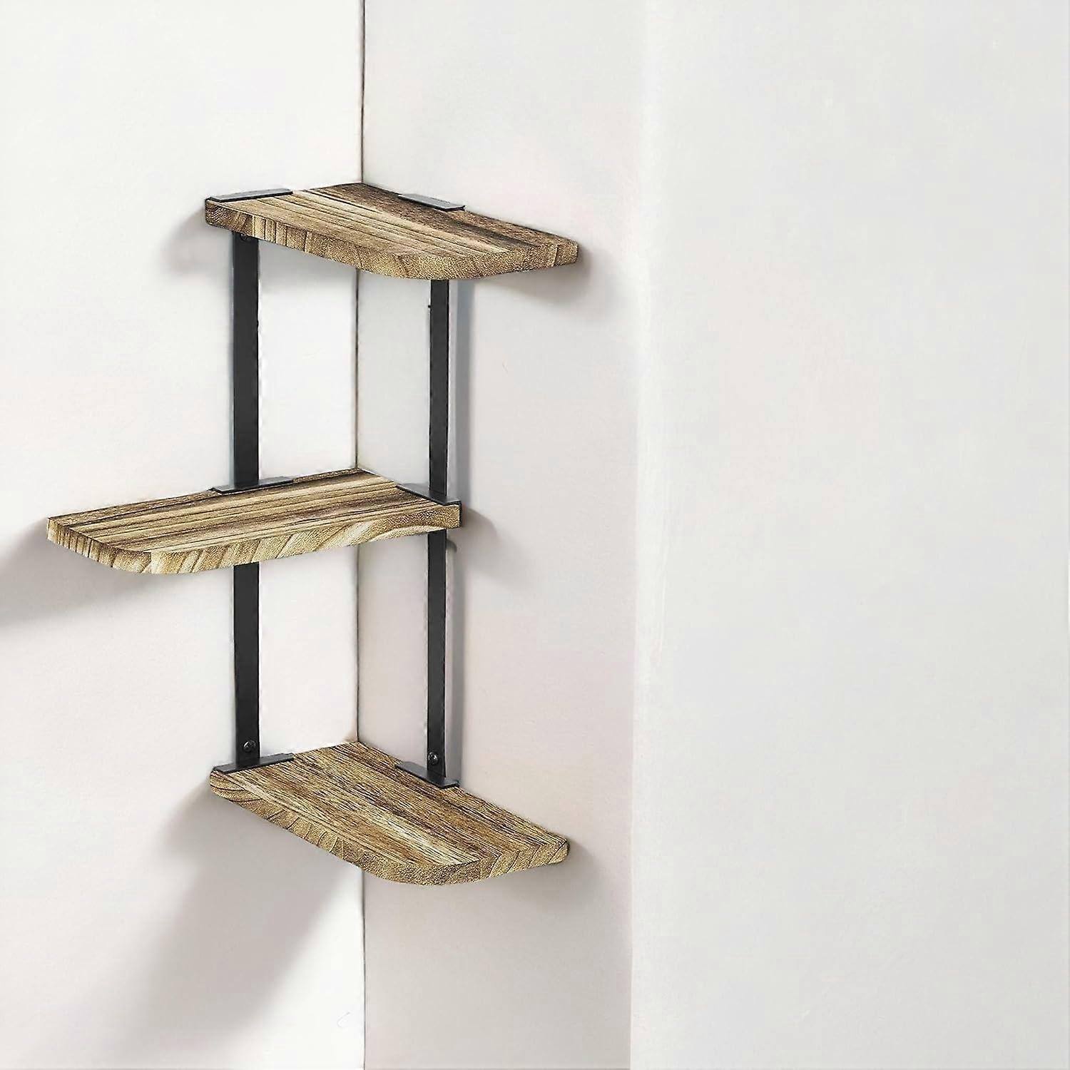 Wooden Corner Floating Shelf 3-Tier Wall-Mounted Shelf Wall Shelves Unit Book Shelf Wall Shelves Unit Kitchen Bathroom Office Furniture Acce