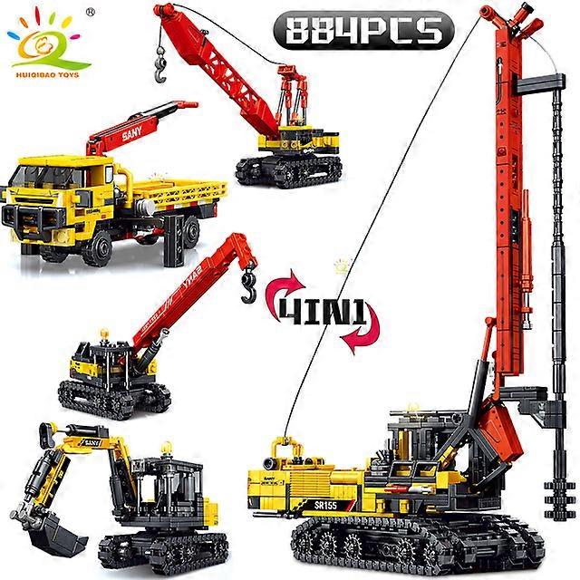 884PCS 4in1 Engineering Piling Machine Building Block Crane Excavator Car City Construction MOC Bricks Set For Children