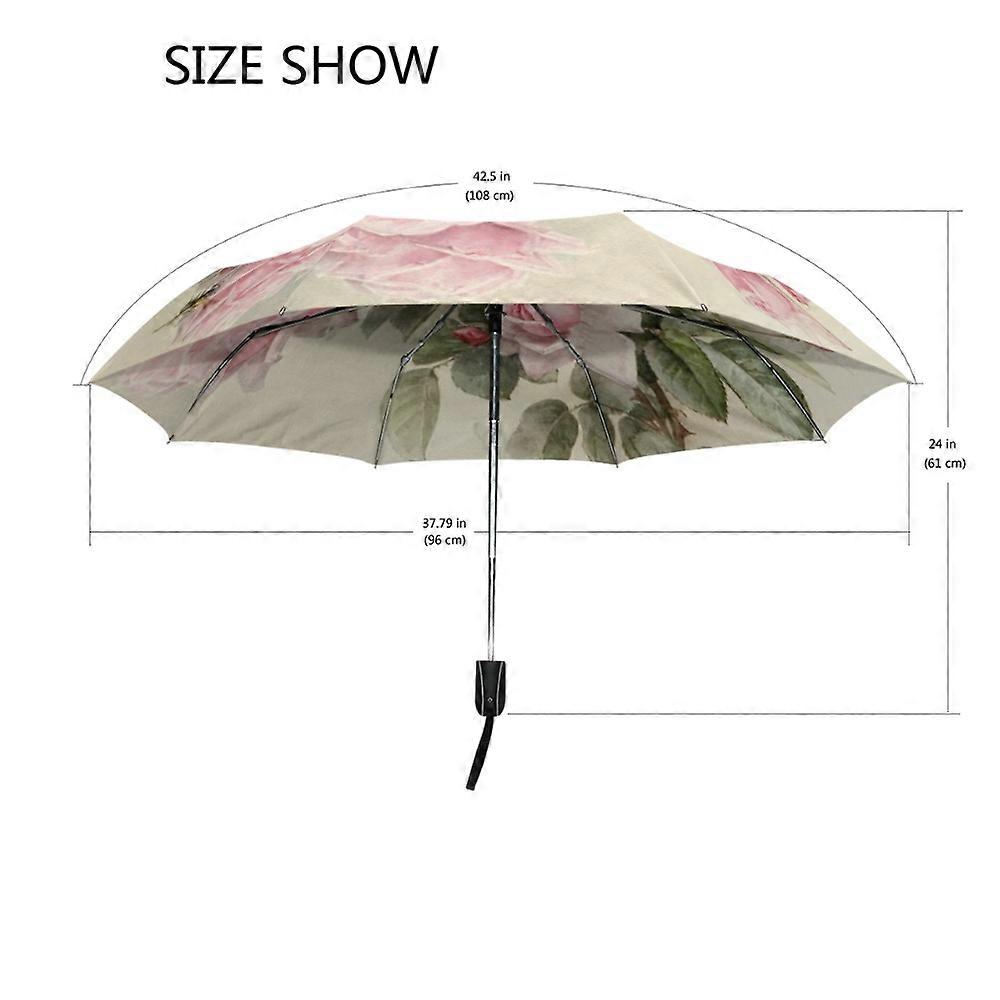 Vintage Shabby Floral Print Women Rain Umbrella Chic Pink Rose Three Folding Girl Durable Portable Umbrella Automatic Parapluie