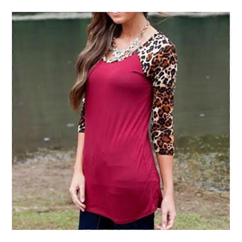 Leopard Pattern Splicing Round Collar Ningth Sleeve T Shirt Top