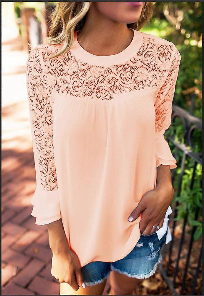 Cutout Spitze Langarm Patchwork Chiffon Bluse Damen