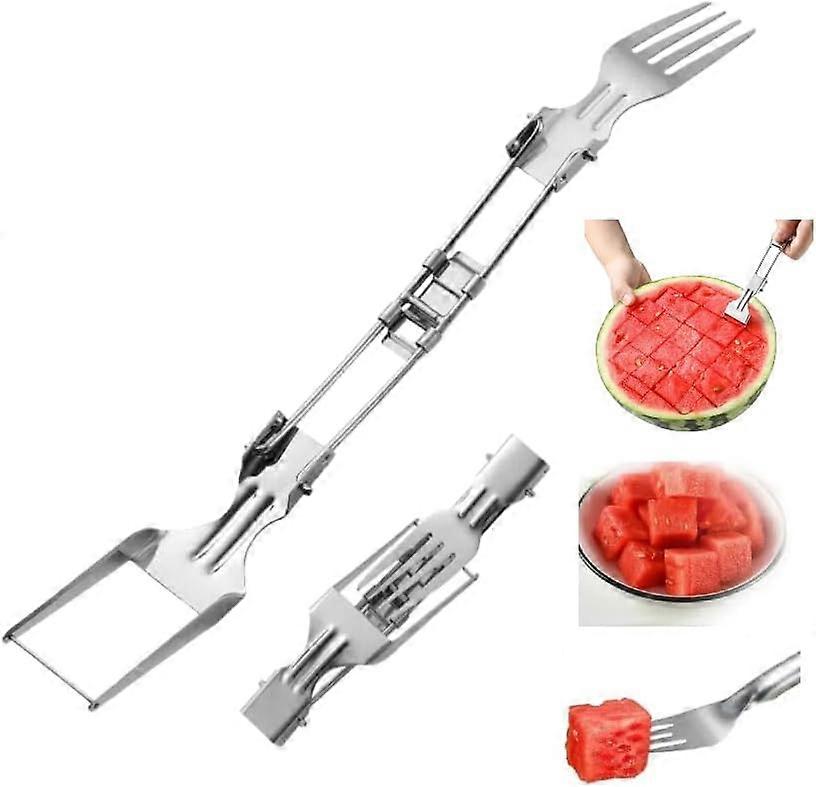 2-in-1 Stainless Steel Fruit Cutter, 2024 New Foldable Watermelon Fork Slicer Cutter Slicer Tool Melon Cube Cutter, Dual Head Foldable Fruit Slicer