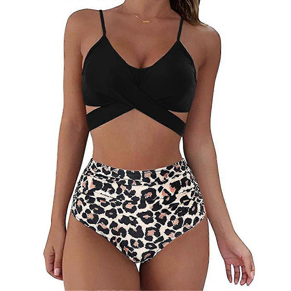 Ladies Wrap Bikini Set Push Up High Waist Two Piece Swimsuit Split Snakeskin Print Maillot de bain pour la natation (imprimé léopard noir) Xl