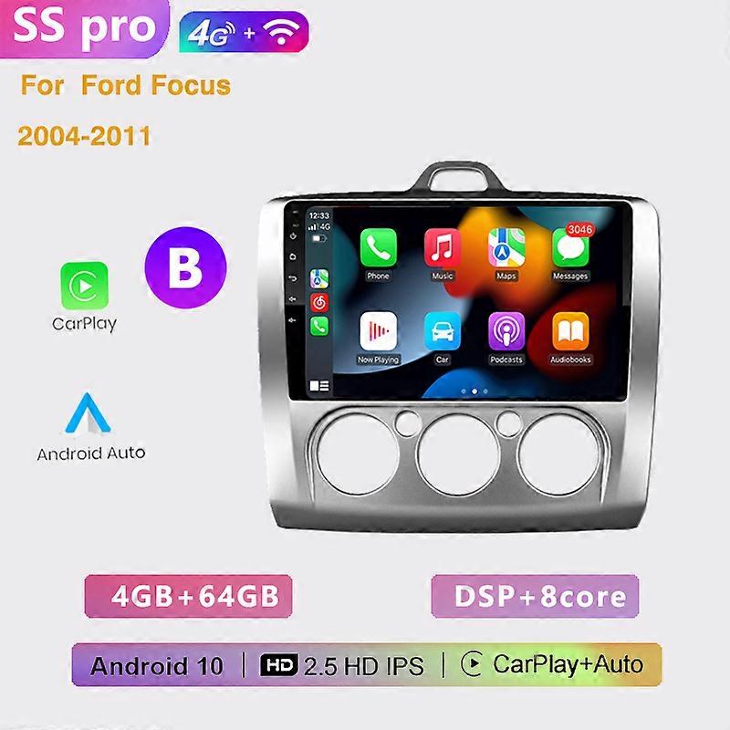 2 DIN 4+64G android 10 Car radio Multimedia Player Carplay Auto GPS navigation NO DVD For Ford Focus 2  3 Mk2 Mk3 2004 2005-2011