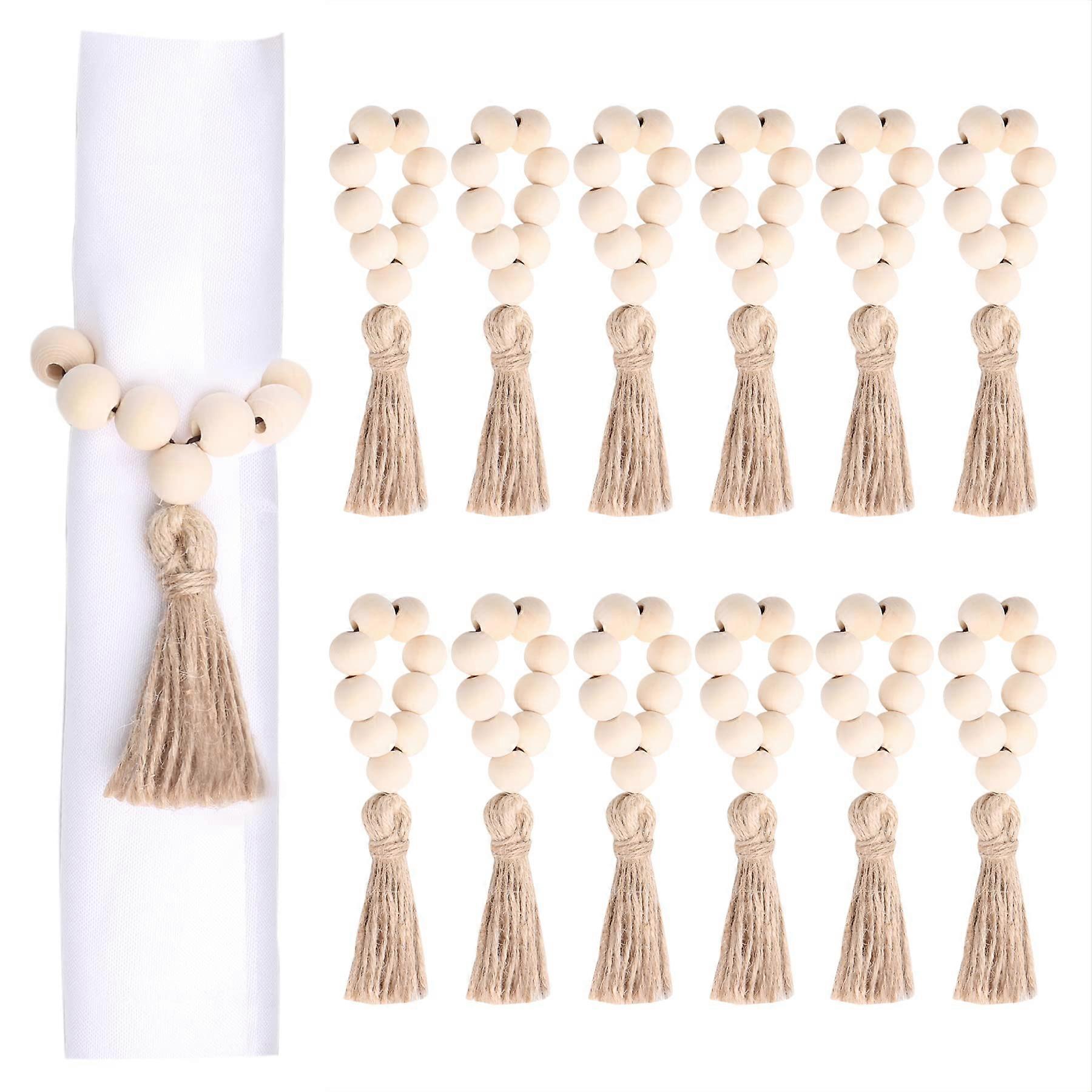 12-Piece Wood Bead Napkin Rings with Jute Tassel for Rustic Farmhouse Table Decor, Natural Color and Durable Material