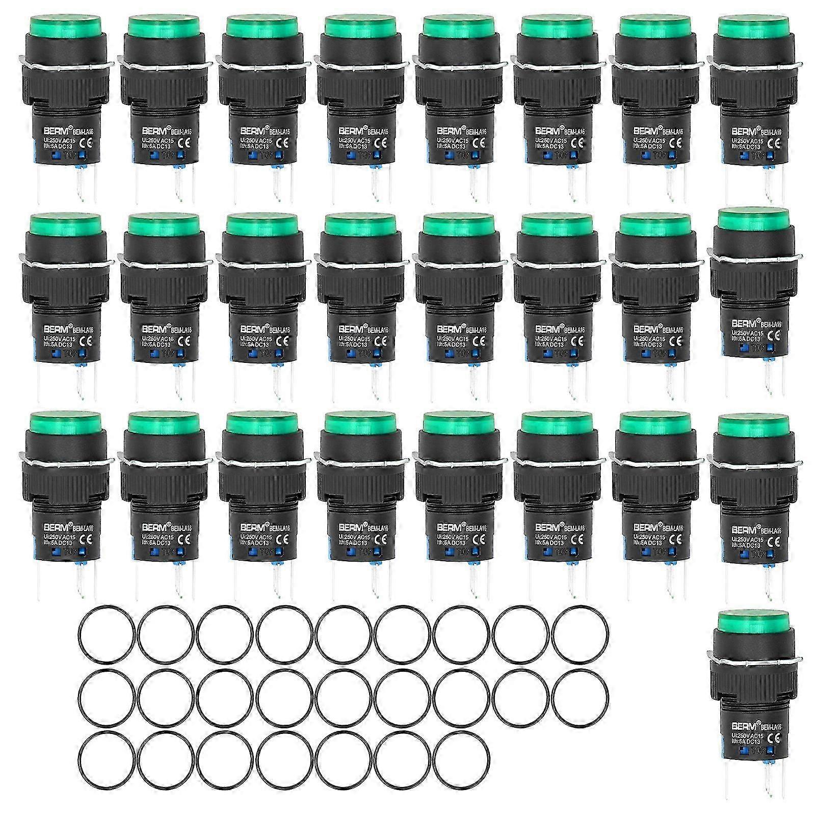 25 Pcs Push Button Switch 16mm Mini Round Self Return Switch Button with Light 12V for Automation EquipmentGreen