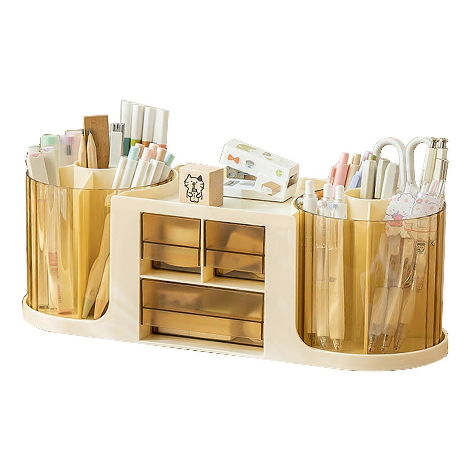 Drehbarer Stifthalter Schreibtisch Schreibwaren Aufbewahrungsbox mit Schubladen, Stift-Organizer mit großer Kapazität Make-up-Pinselhalter Cremegelb