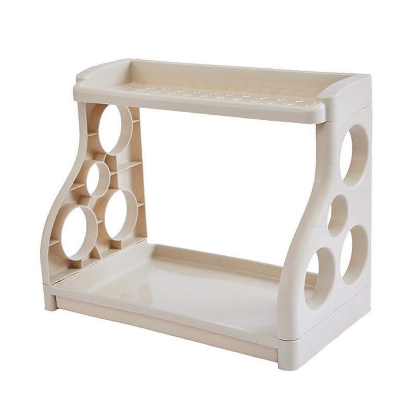 Double-Layer Spice Storage Rack with 3 Knife Slots, Hollow Design Tableware Organizer, Multi-Color Beige Kitchen Rack