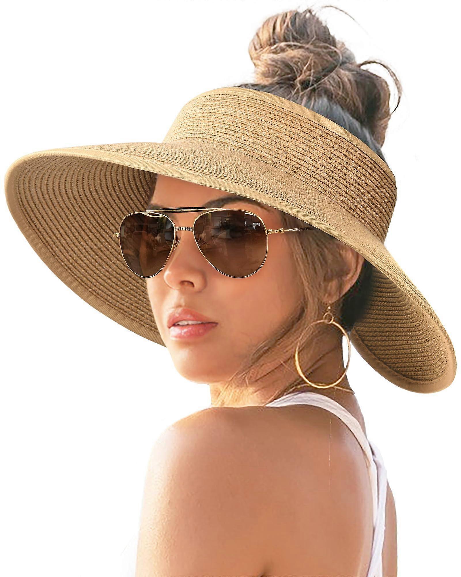 Women's sun hat wide brim straw roll beach sunbathing hat foldable