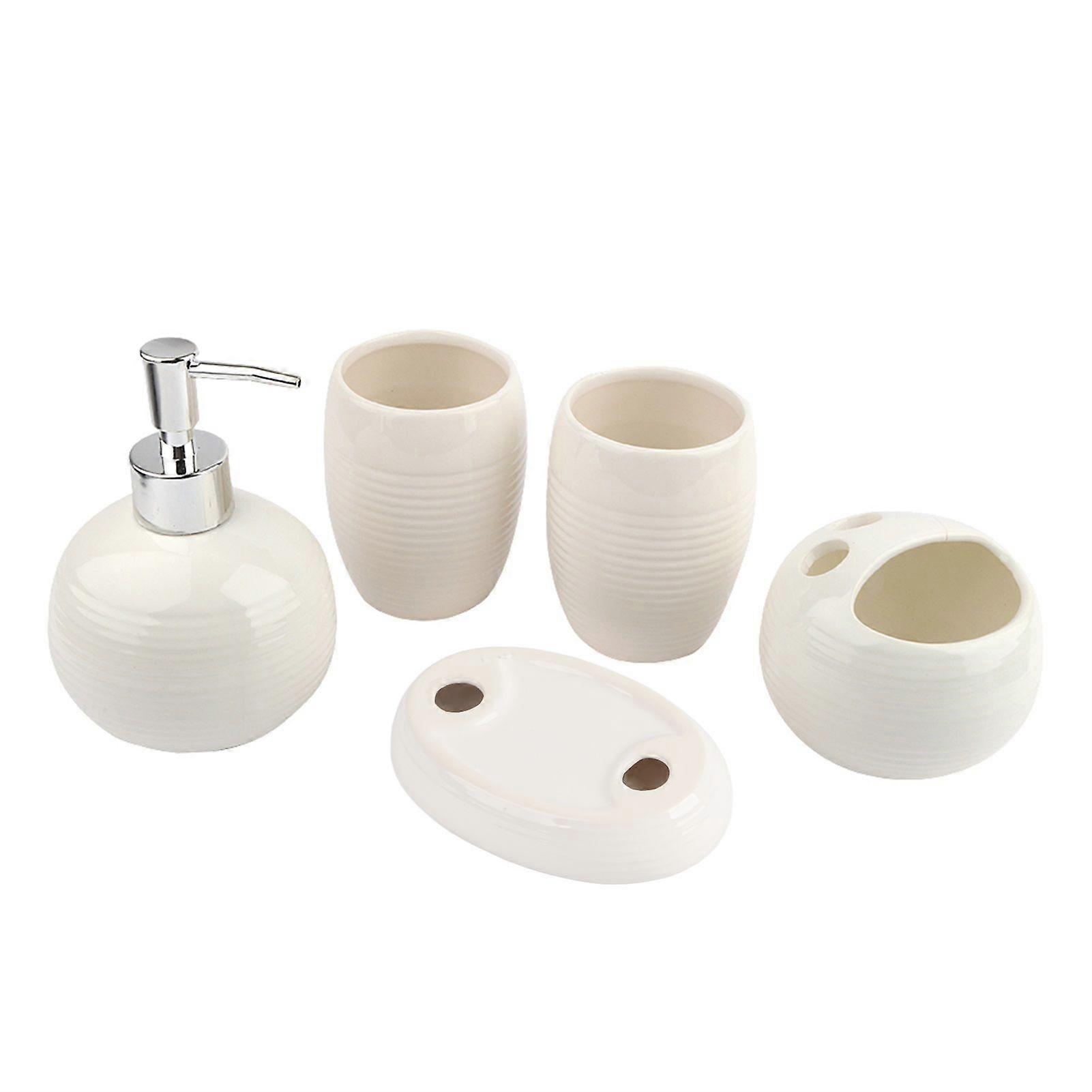 5Pcs Bathroom Accessories Ceramic Dispenser Toothbrush Holder Bath Set (White)
