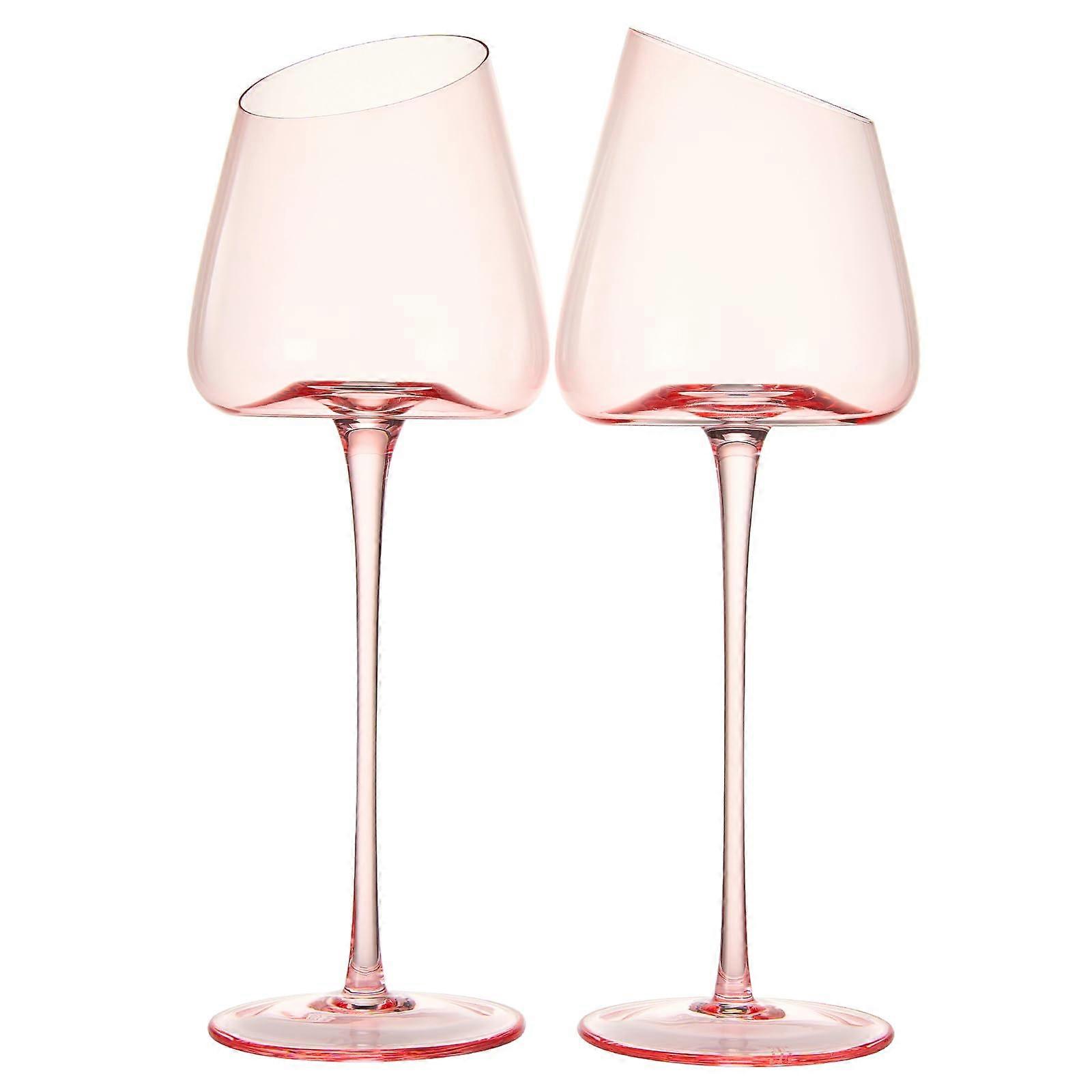 Pink Wine Glasses Set of 2 | 18oz Rose Blush Slanted Stemmed Glassware for Women, Gifts for Wife Girlfriend Birthday Wedding