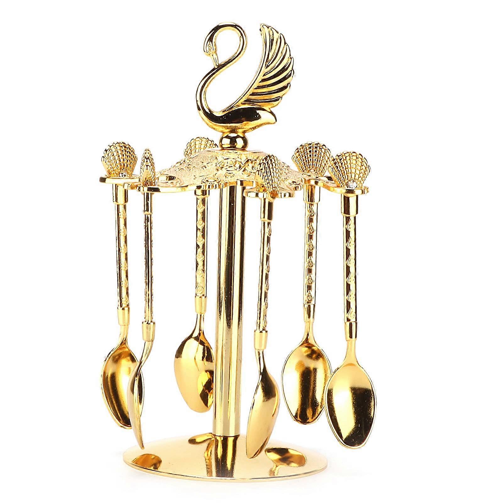 6 Golden European Metal Dessert Spoons for Coffee, Tea, and Ice – Swan Crest Design with Rhinestone Inlay