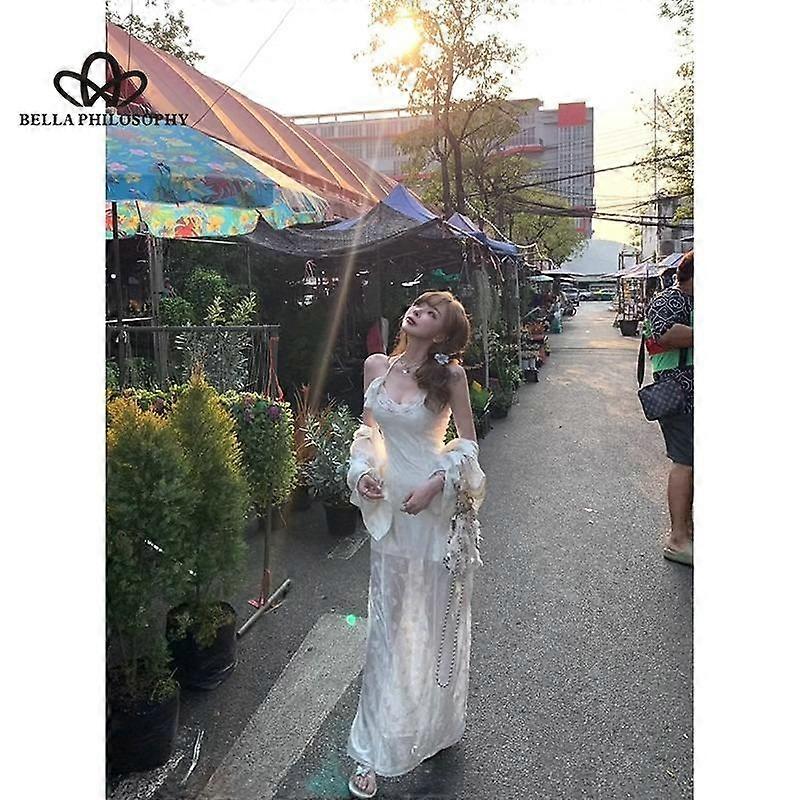 Stil francez Vară Mesh Cusături Dantelă V-decolteu Rochie lungă Stil zână Tridimensional fluture imprimat Spate fără spate Rochie