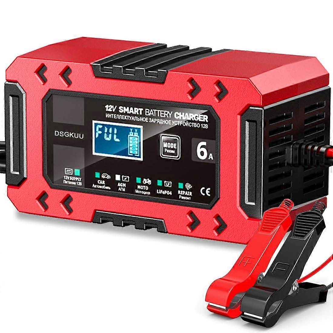 Car Battery Charger, 12V/6A Smart Automatic with Temperature Compensation, Red