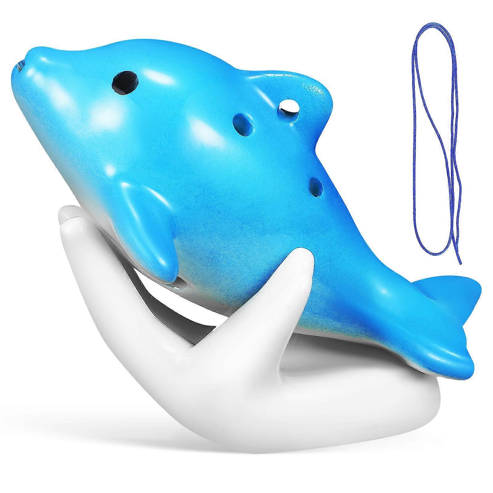Beginner Instruments Dolphin Shaped Ocarina 6 Holes Alto Design for Music Lessons Sky-Blue Ceramic with Hand Rest Song Book Neck Strap 1Set
