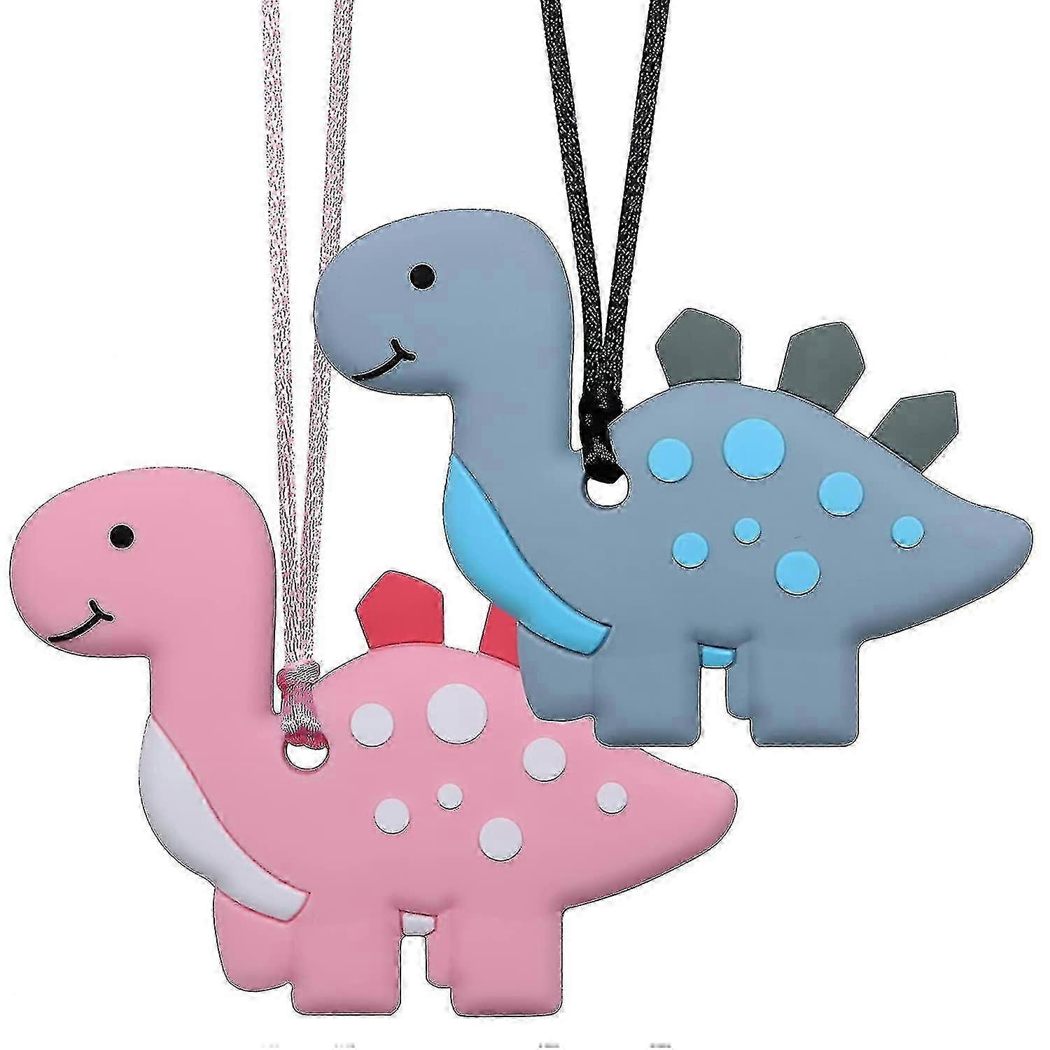 Sensory Chew Necklaces For Kids, Boys, And Girls - 2 Pack Dinosaur Silicone Chewy Toys For Autism, Adhd, Spd, Oral Motor Chewing Necklaces For Adults