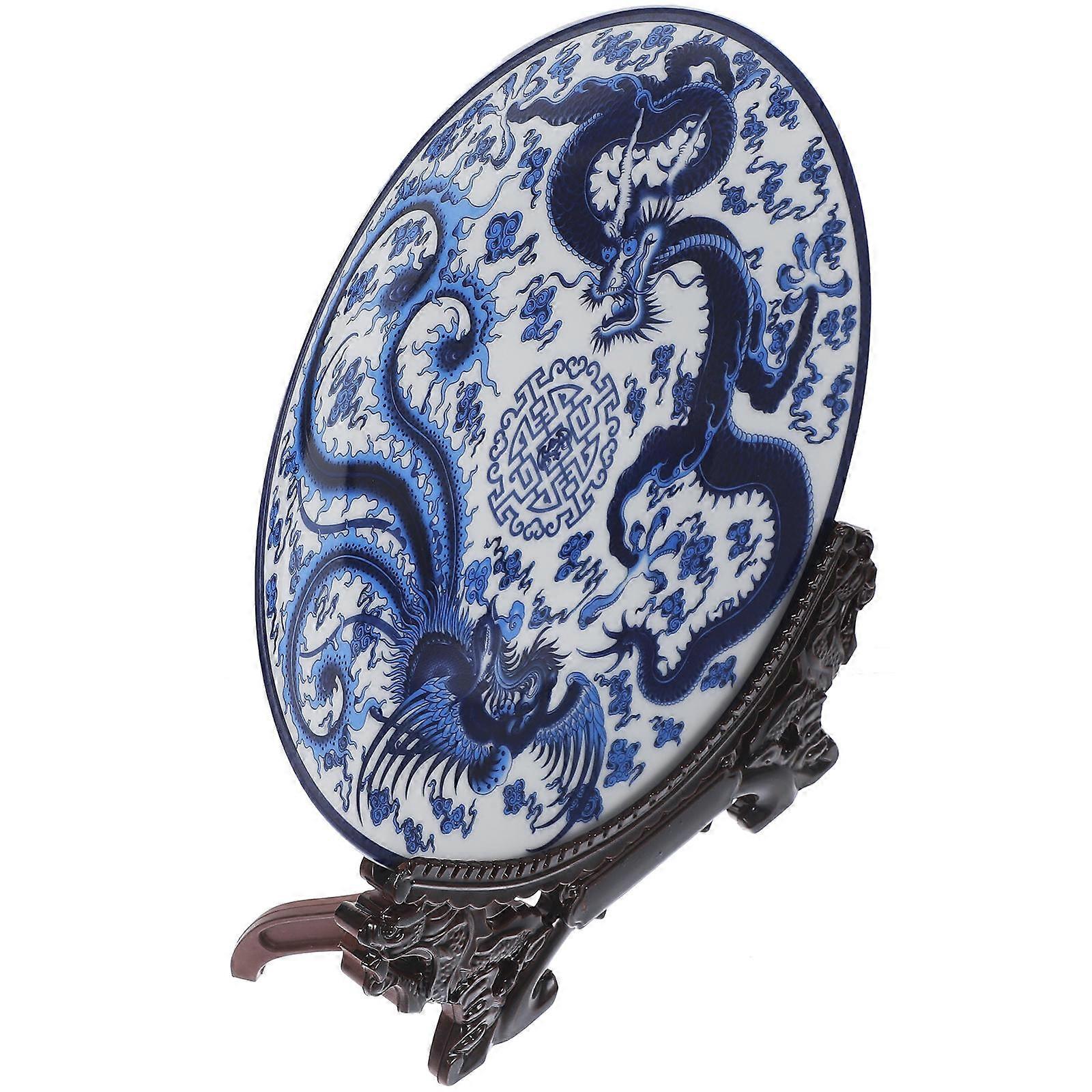 Blue and White Porcelain Decorative Plate, Chinese Style Ceramic Serving Dish, Elegant Tray with Stand for Home Decor, Gatherings, and Wall Display