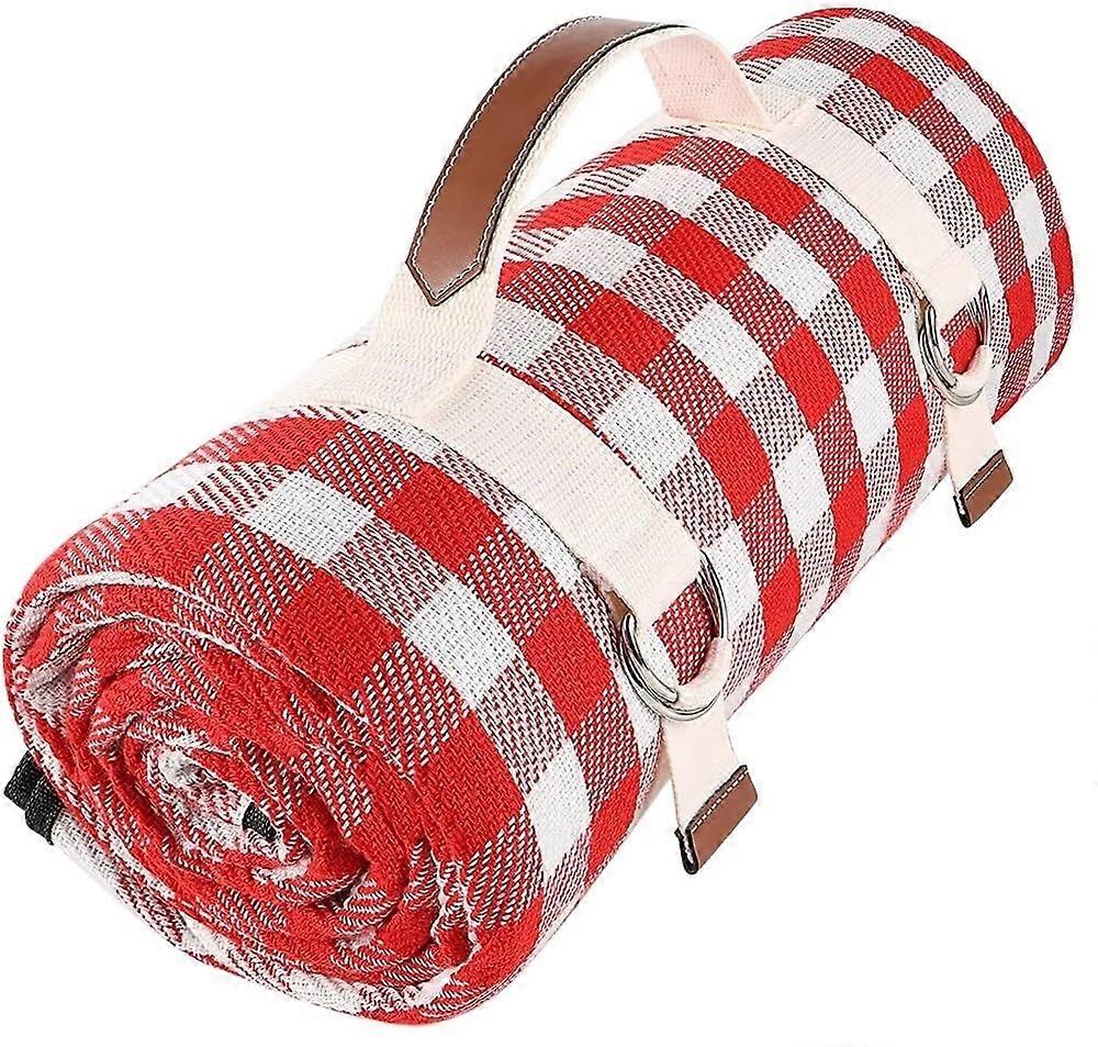 Waterproof Picnic Blanket Portable With Carry Strap For Beach Or Camping Family Use Red And White Grid 200cm x 200cm